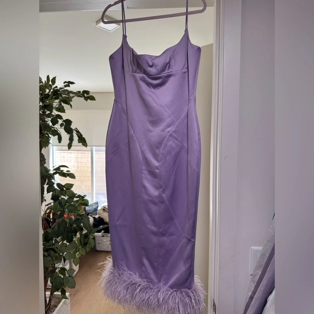 House of CB Helena Orchid Midi Feather Trim Dress - NWT - L+ - Picture 3 of 4